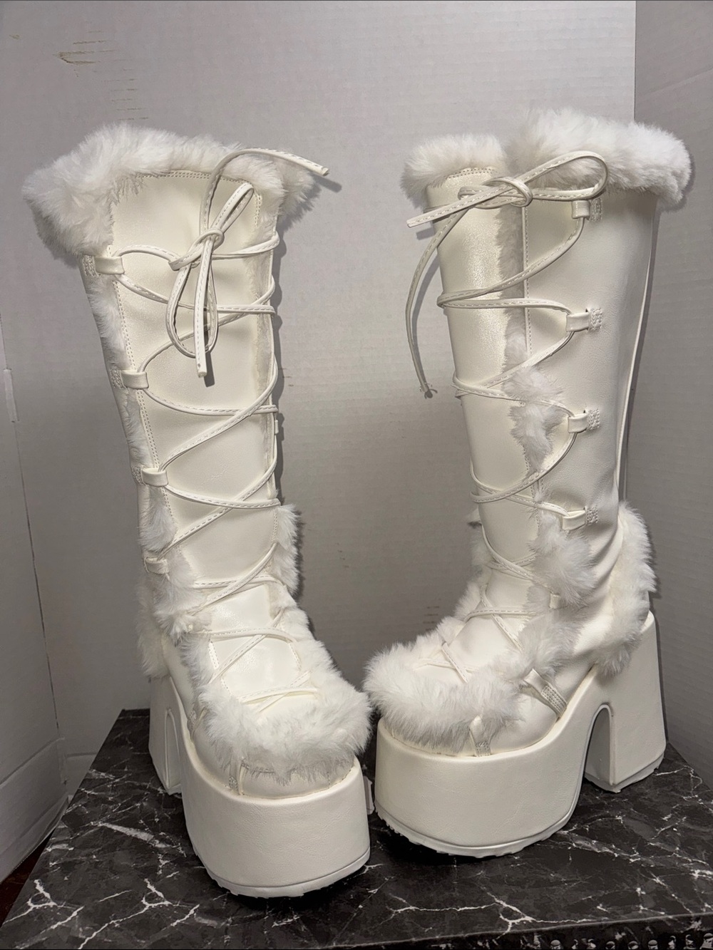 Demonia White Faux-Fur Lace-Up Platform Knee-High Boots with box